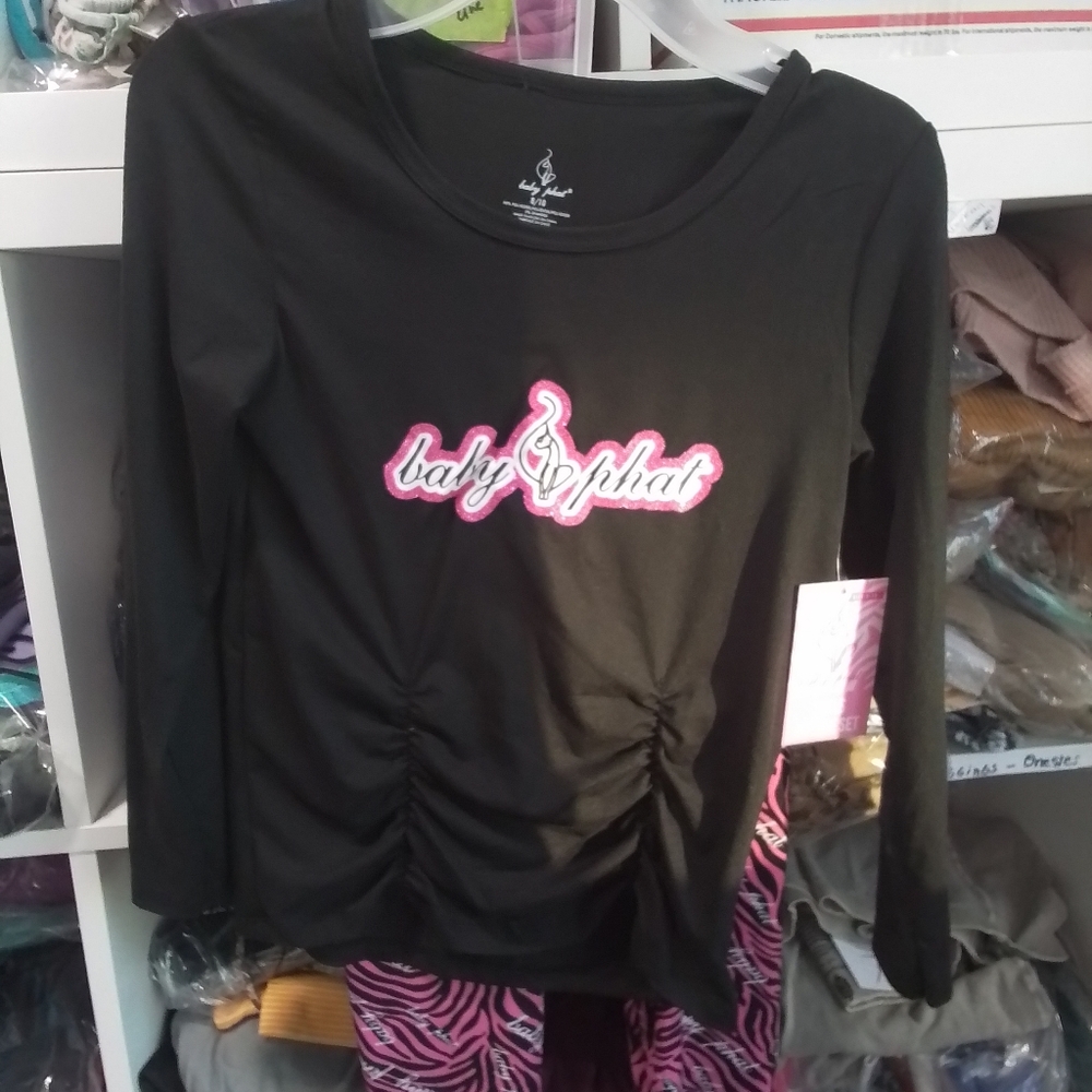 Baby Phat Ruched Black Top & Animal Print Pink Leggings 8/10 NEW